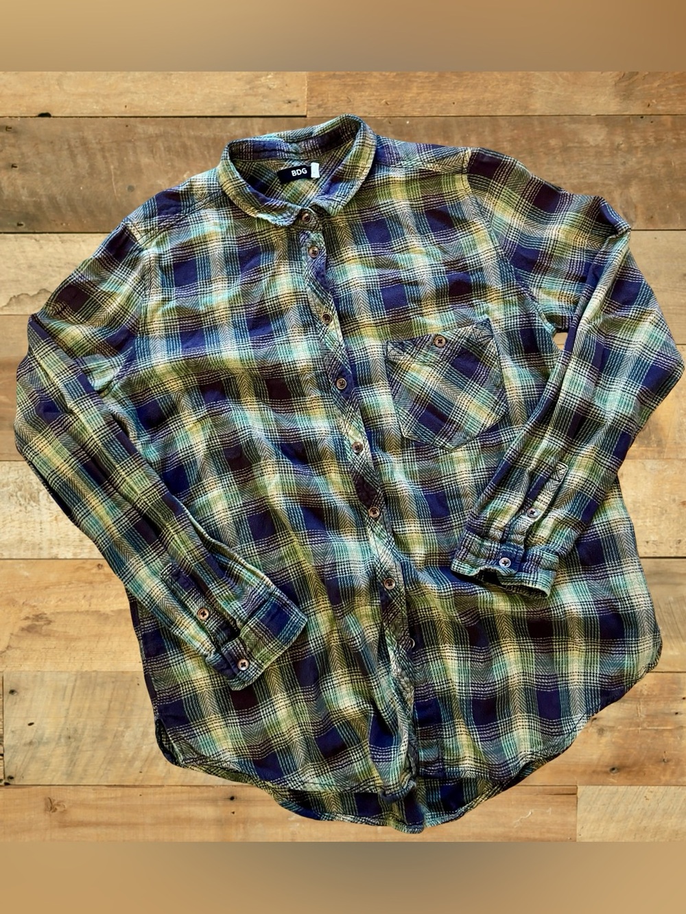 BDG Green Brown Plaid Flannel Shirt Oversized Grunge Button Up Women’s Large